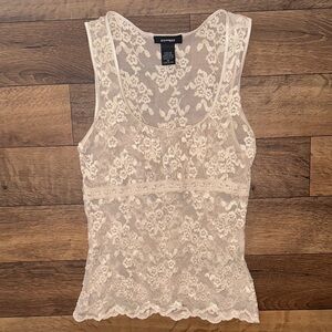 Y2K Express Size Medium Lace Tank Top 90s Made In USA Tan Cream Colored Milkmaid